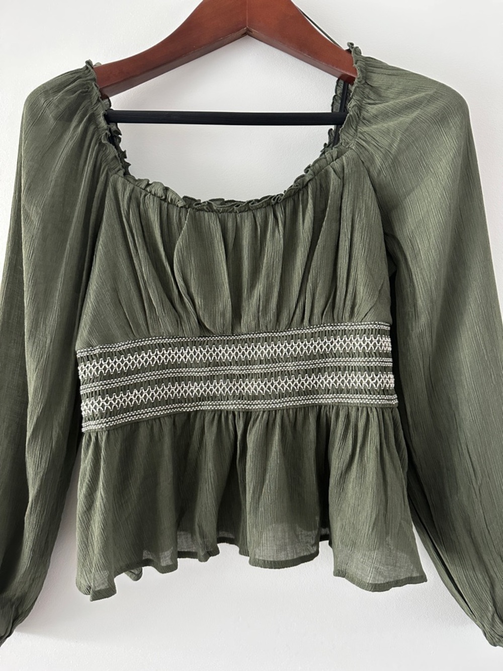 Francesca's Collections Olive Peasant Blouse with Smocked Waist - Picture 6 of 10